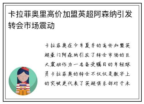 卡拉菲奥里高价加盟英超阿森纳引发转会市场震动 卡拉菲奥里高价加盟英超阿森纳引发转会市场震动